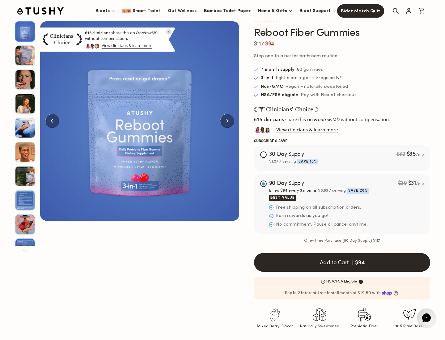 TUSHY Reboot Fiber Gummies offer showing a selected subscription billed $94 every three months