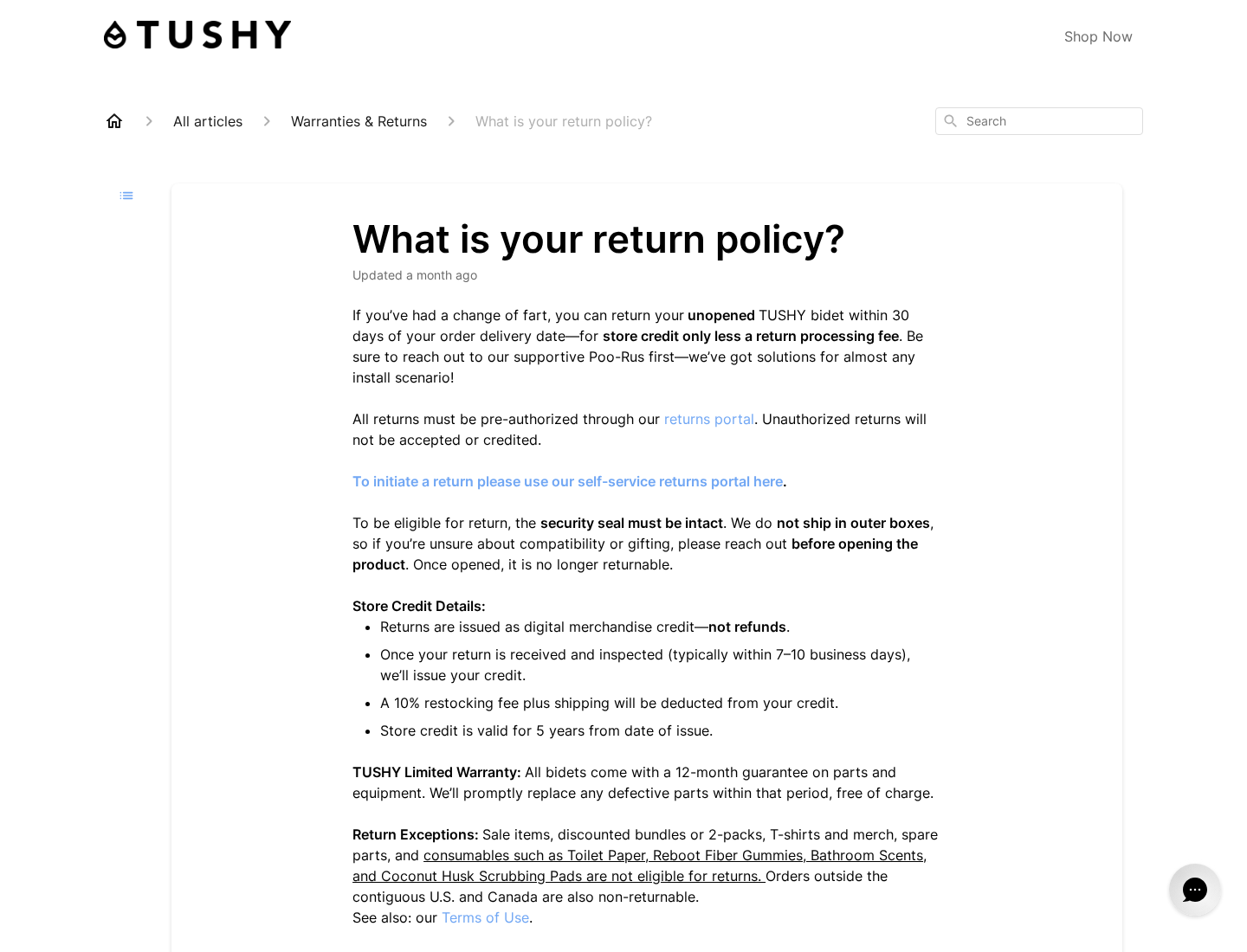TUSHY official return guidance listing Reboot Fiber Gummies among consumables not eligible for ordinary returns