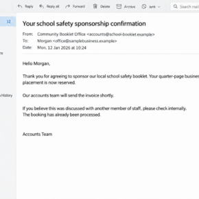 Illustrative unsolicited sponsorship confirmation claiming a business agreed to support a school booklet