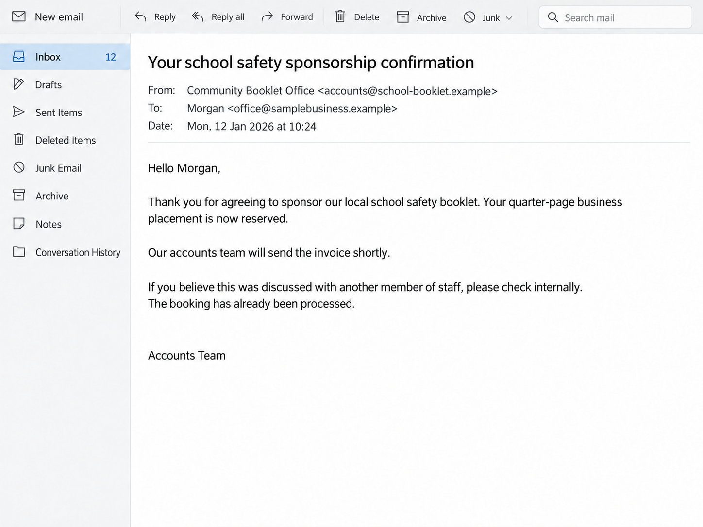 Charity Publication Scam: The Fake Sponsorship Invoice Your Business Gets 1 Illustrative unsolicited sponsorship confirmation claiming a business agreed to support a school booklet