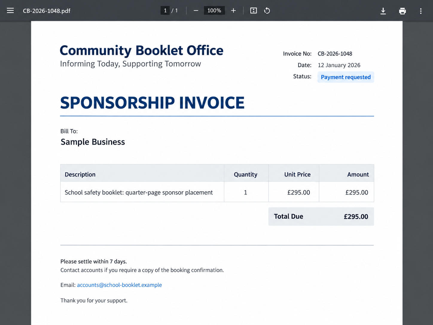 Charity Publication Scam: The Fake Sponsorship Invoice Your Business Gets 2 Illustrative school safety sponsorship invoice requesting payment for a disputed business placement