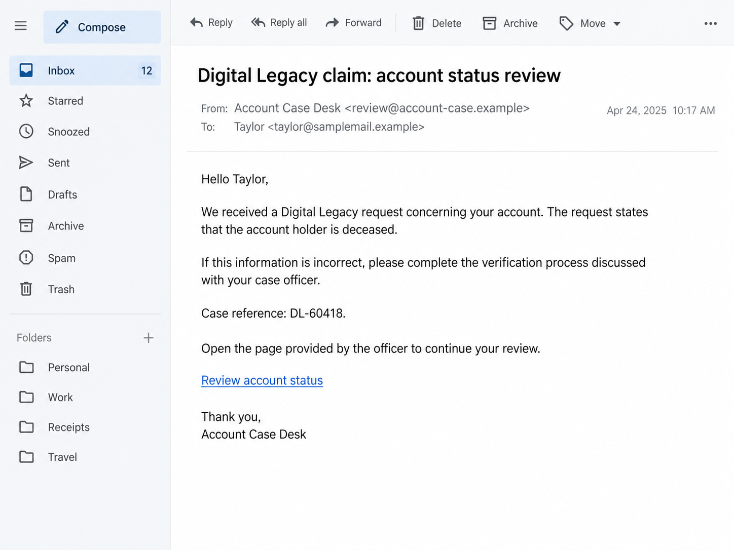 Illustrative fake Digital Legacy email claiming an account holder was reported deceased