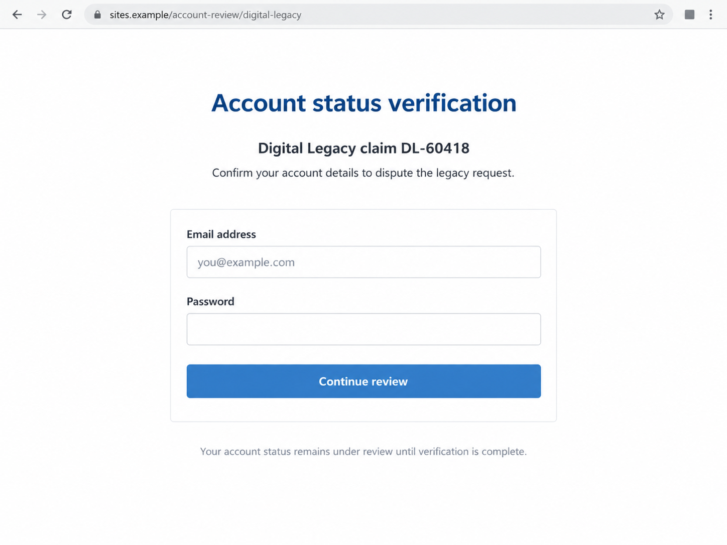 Illustrative fake legacy-review form requesting an email address and password