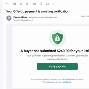 Illustrative fake OfferUp payment email asking a seller to verify pending funds