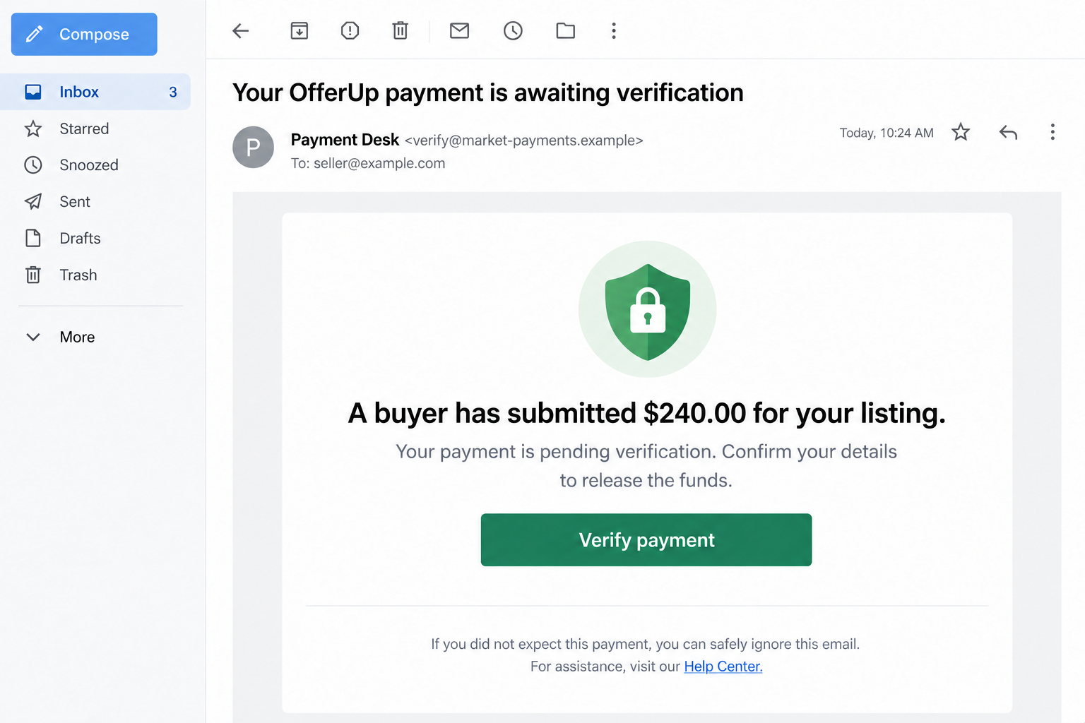 Illustrative fake OfferUp payment email asking a seller to verify pending funds