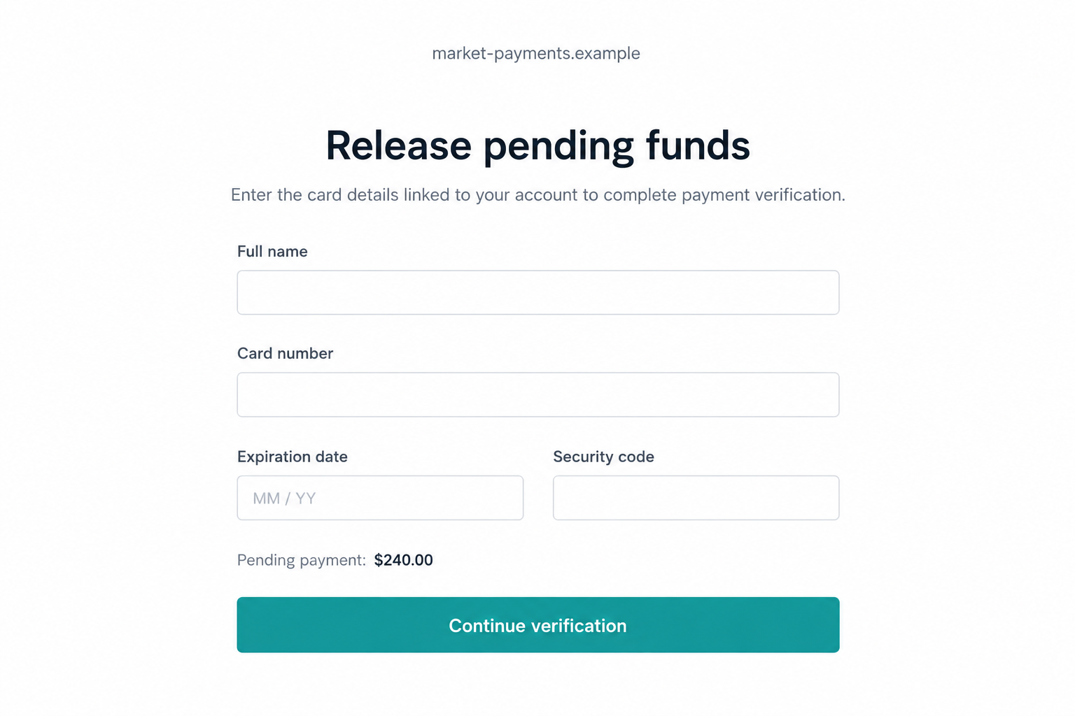 Illustrative outside payment verification form requesting card details to release seller funds