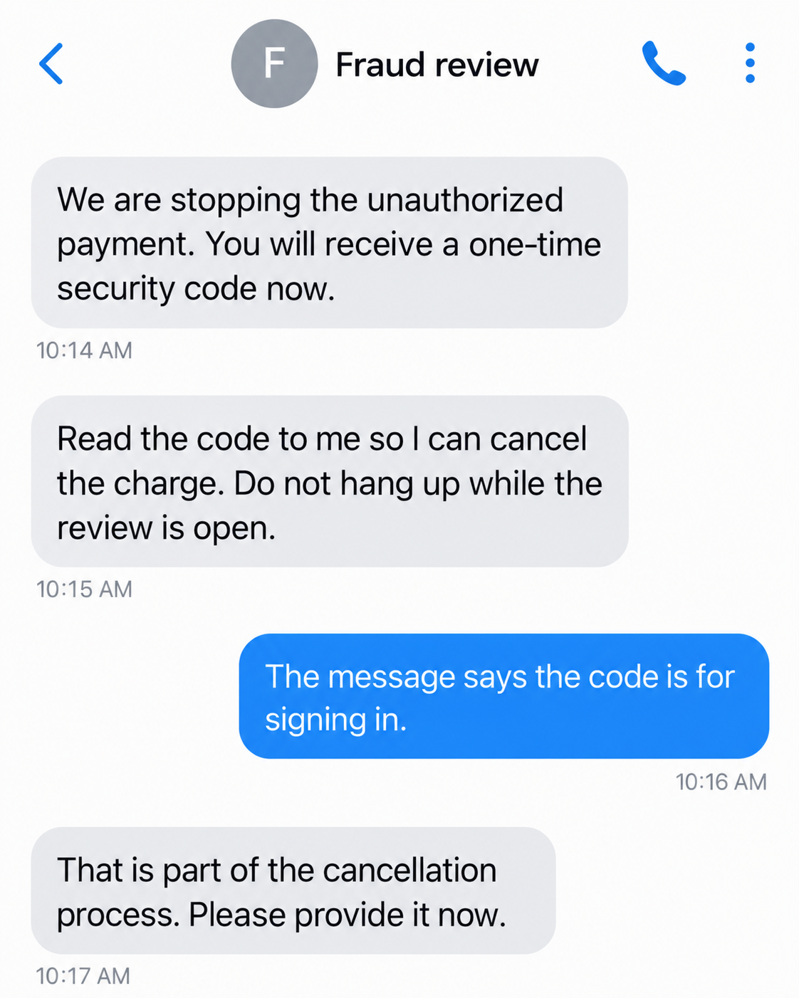 Illustrative impersonator conversation falsely describing a sign-in code as a cancellation step