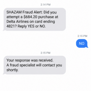Illustrative fake SHAZAM fraud alert asking about an unfamiliar airline purchase