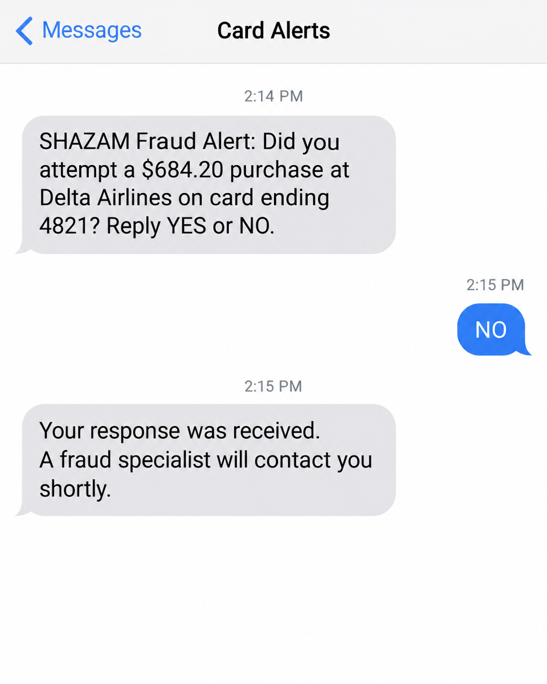 Illustrative fake SHAZAM fraud alert asking about an unfamiliar airline purchase