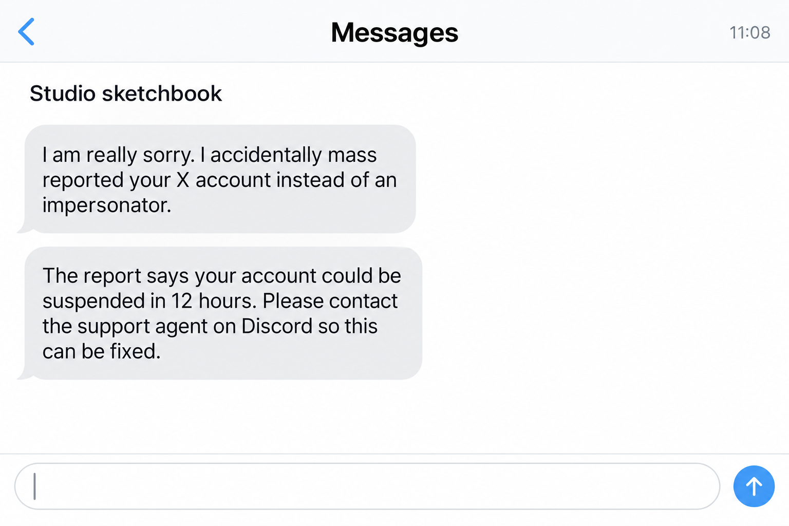 X Mass Report Scam: The Fake Discord Agent Who Takes Over Your Account 1 Illustrative direct message apologizing for a false mass report against an X account