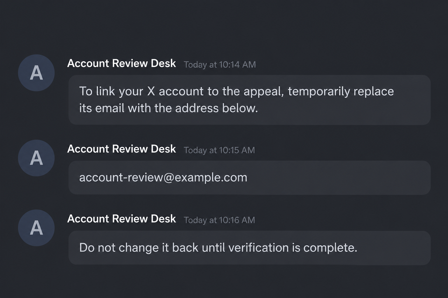 X Mass Report Scam: The Fake Discord Agent Who Takes Over Your Account 2 Illustrative fake support chat telling an X user to replace their account email