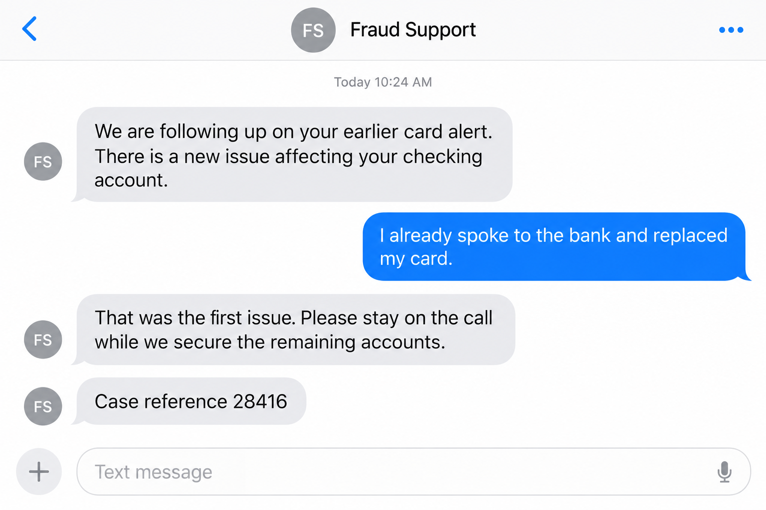 Bank Fraud Follow-Up Scam: The Second Call After a Real Alert Can Cost You 1 Illustrative messages from a fake fraud agent claiming a new problem after an earlier genuine card alert