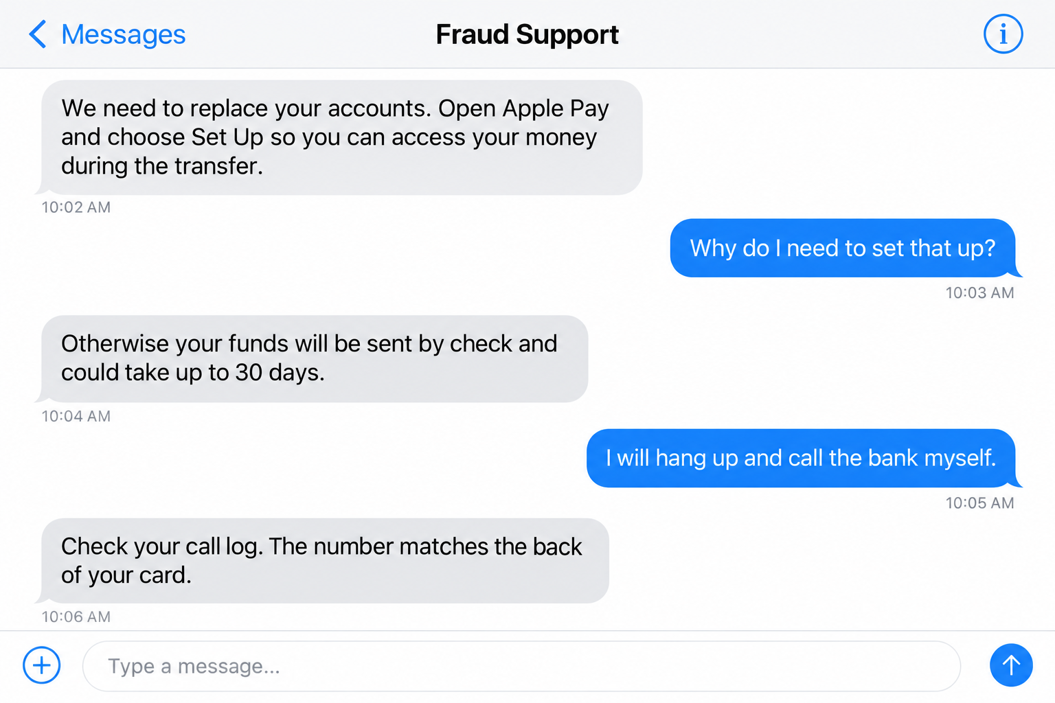 Bank Fraud Follow-Up Scam: The Second Call After a Real Alert Can Cost You 2 Illustrative fake fraud-support messages pressuring Apple Pay setup and using caller ID as proof