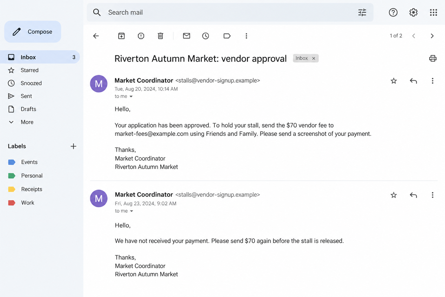 Craft Fair Vendor Scam: Fake Stall Bookings Steal Fees and Personal Data 2 Illustrative fake vendor approval email requesting a personal payment and then a second $70 transfer