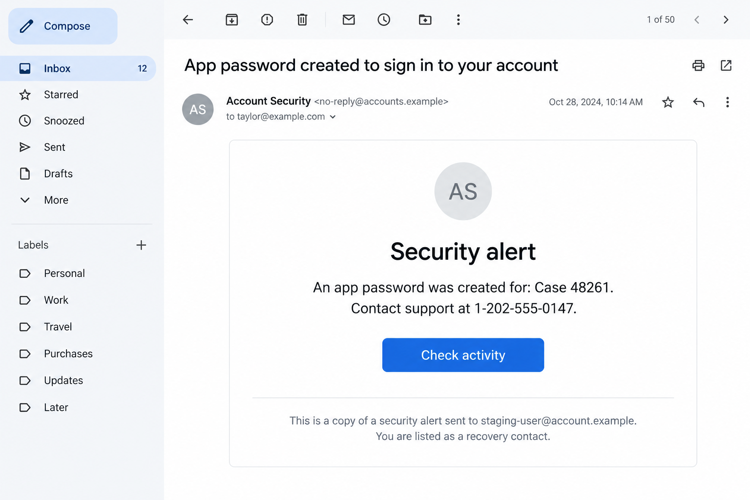 Google App Password Alert Scam: Real Emails Carry a Fake Support Number 1 Illustrative automated account security email containing an attacker-written support instruction in an app password name
