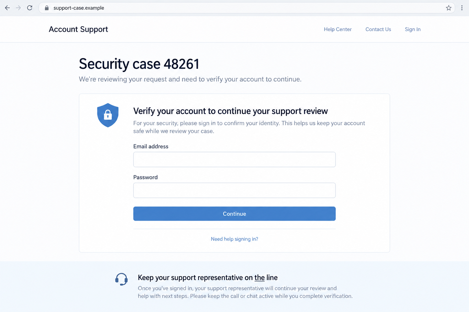 Google App Password Alert Scam: Real Emails Carry a Fake Support Number 2 Illustrative fake account support page asking for a password while the caller remains on the line