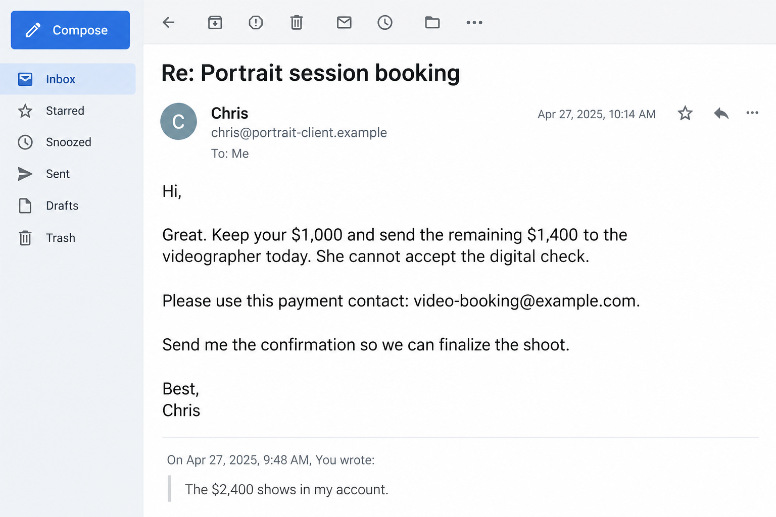 Photography Job Scam: The Fake Check That Makes You Pay a Videographer 2 Illustrative follow-up email telling a photographer to forward the extra check amount to a supposed videographer