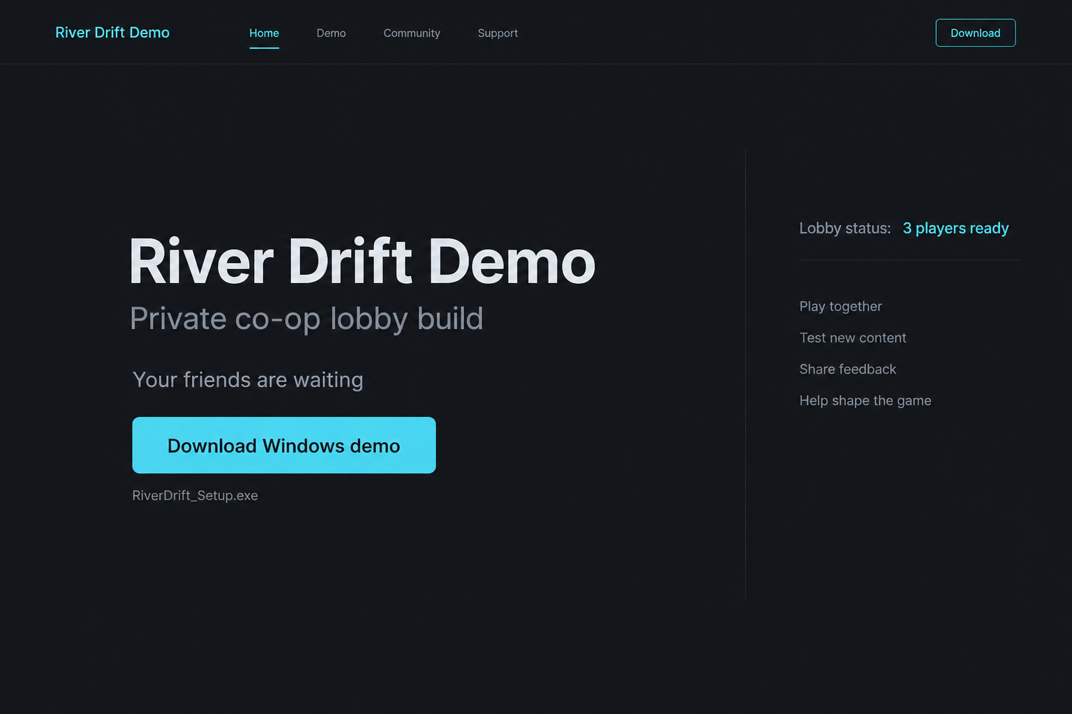 River Drift Download Scam: A Friend's Discord Invite Can Steal Your Account 2 Illustrative unauthorized River Drift demo page urging a Windows download for a private lobby