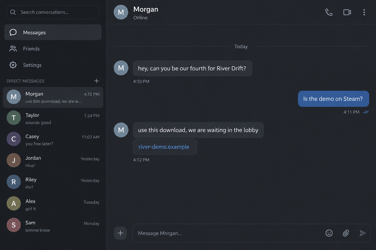 River Drift Download Scam: A Friend's Discord Invite Can Steal Your Account 1 Illustrative Discord-style message inviting a friend to download River Drift from an outside website