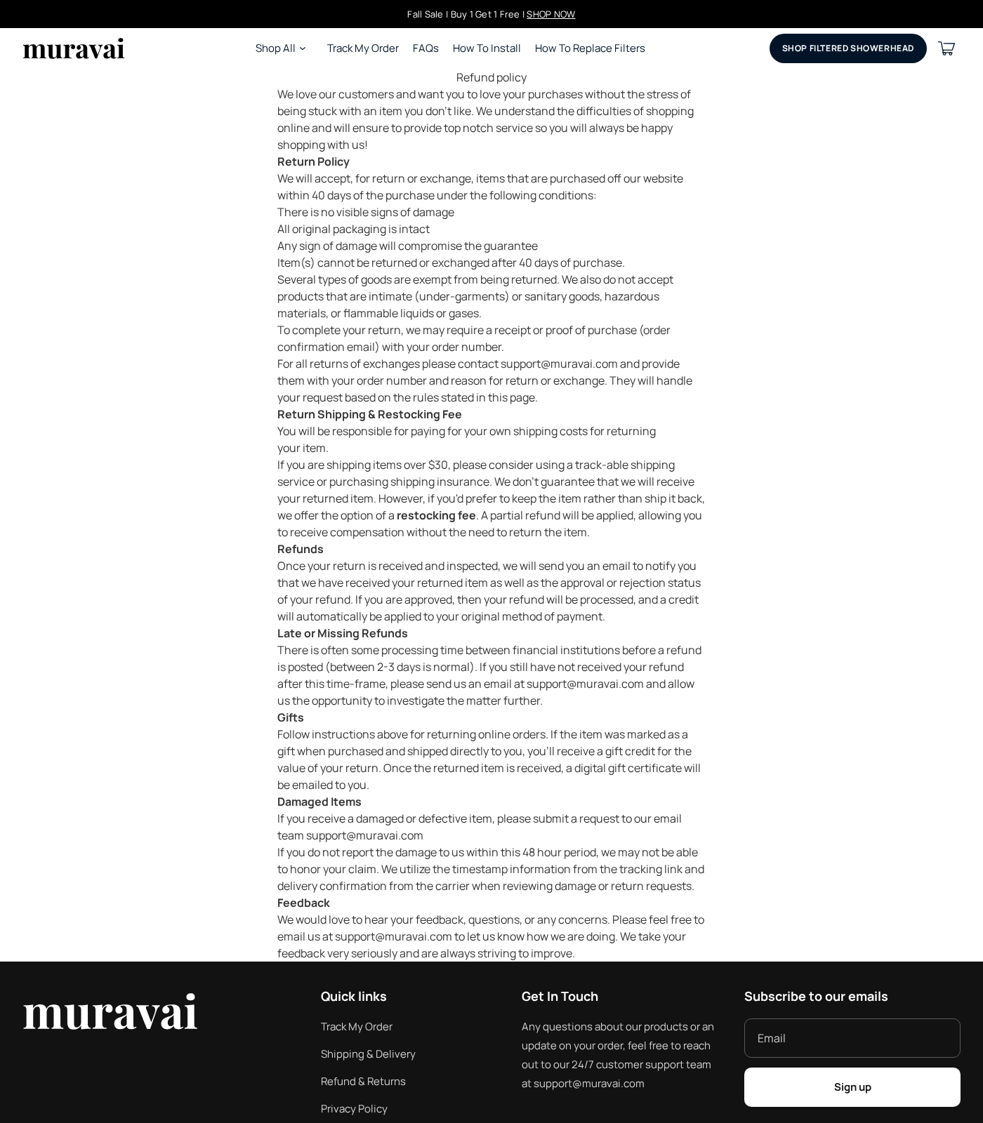 Muravai Shower Head EXPOSED - Scam or Legit? Full Buyer Investigation Now 2 Muravai written return policy showing the purchase-date window, customer postage and damage reporting conditions