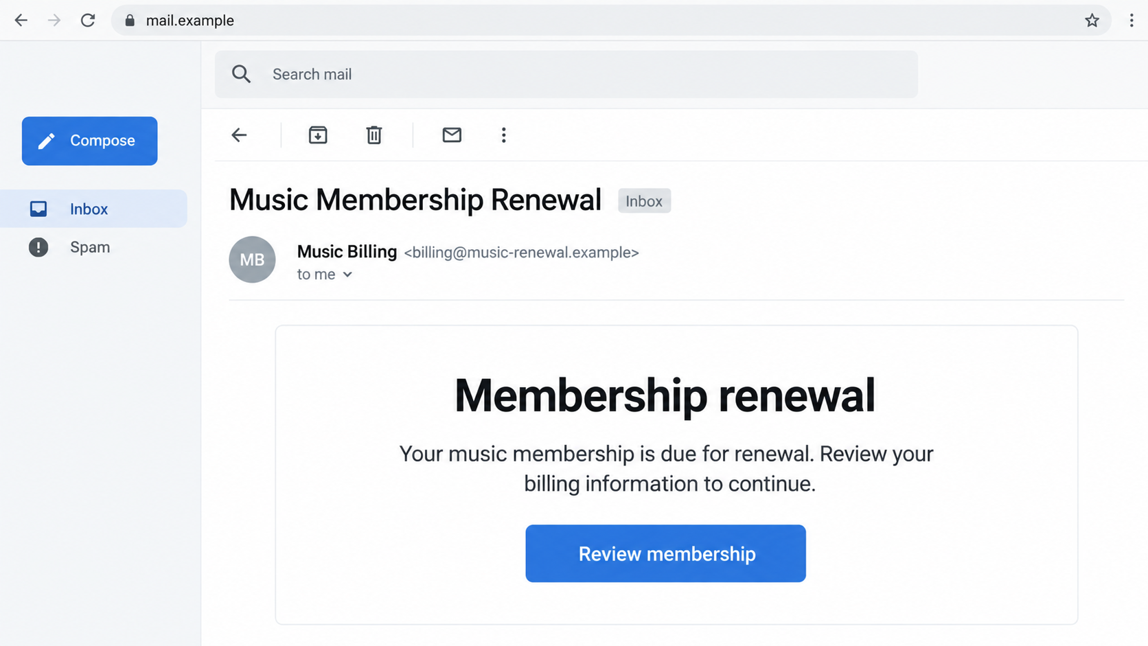 Music Membership Renewal Scam: The Fake Billing Email That Steals Logins 1 Illustrative Music Membership Renewal phishing email with a fictional billing sender and membership review button