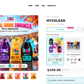 Mycolean liquid enhancer product page with bottle bundles and one-time purchase option