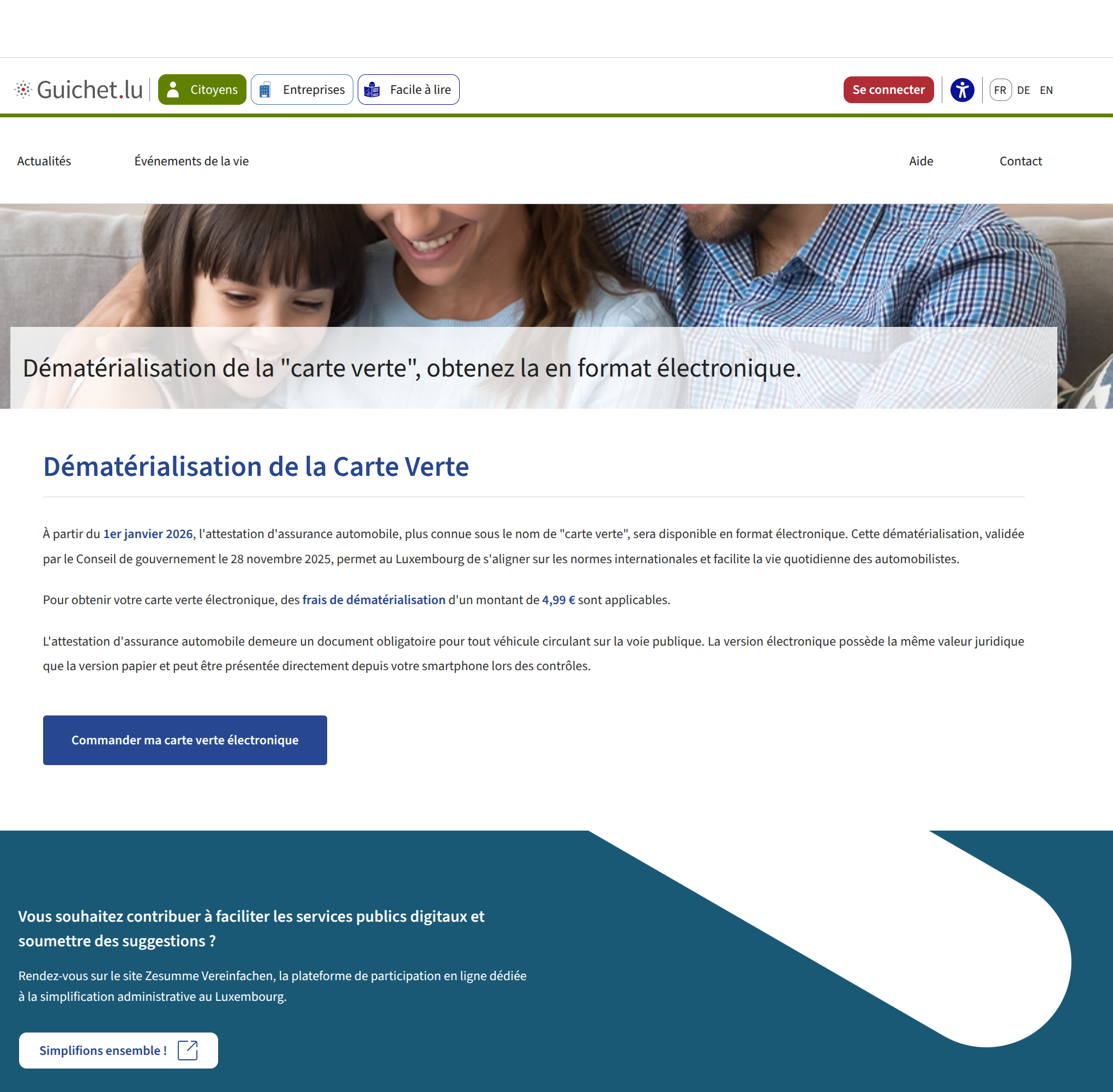 Original fake MyGuichet page advertising a digital motor insurance green card with a €4.99 conversion fee