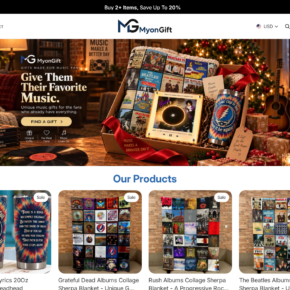 MyonGift storefront promoting music-themed blankets and gifts with a multi-item discount