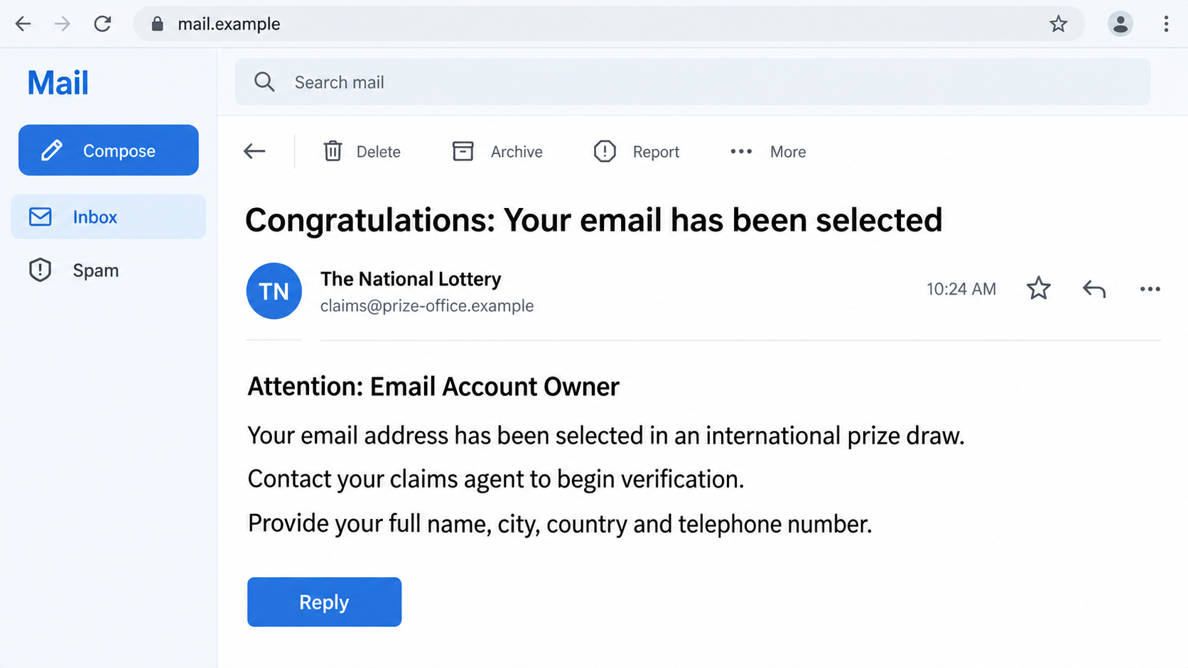 Illustrative National Lottery impersonation email with a fictional sender requesting personal details for a supposed prize