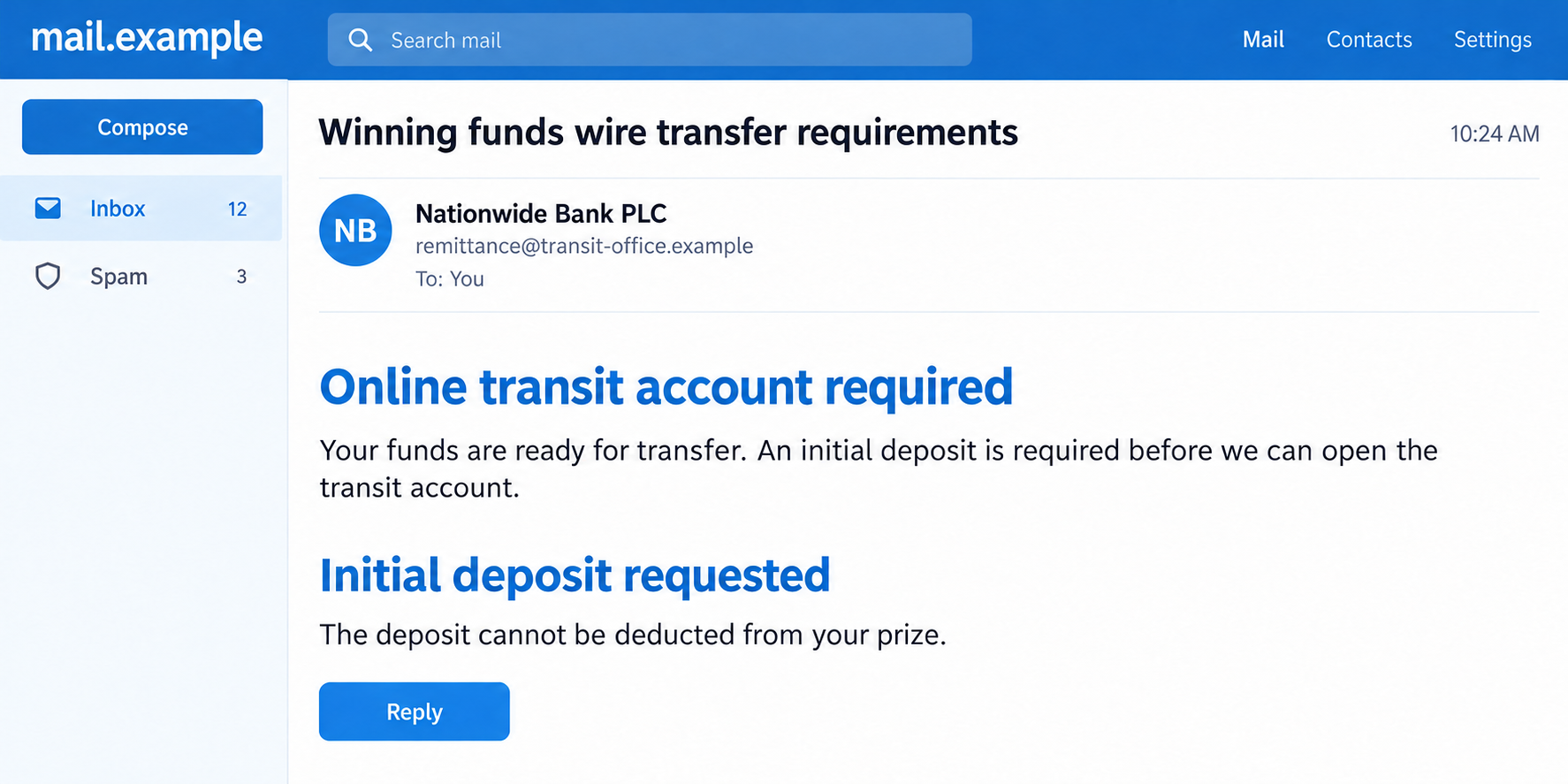 Nationwide Bank PLC Scam: The Fake Transit Account That Demands a Deposit 1 Illustrative Nationwide Bank PLC impersonation email requesting a deposit for a fictional online transit account
