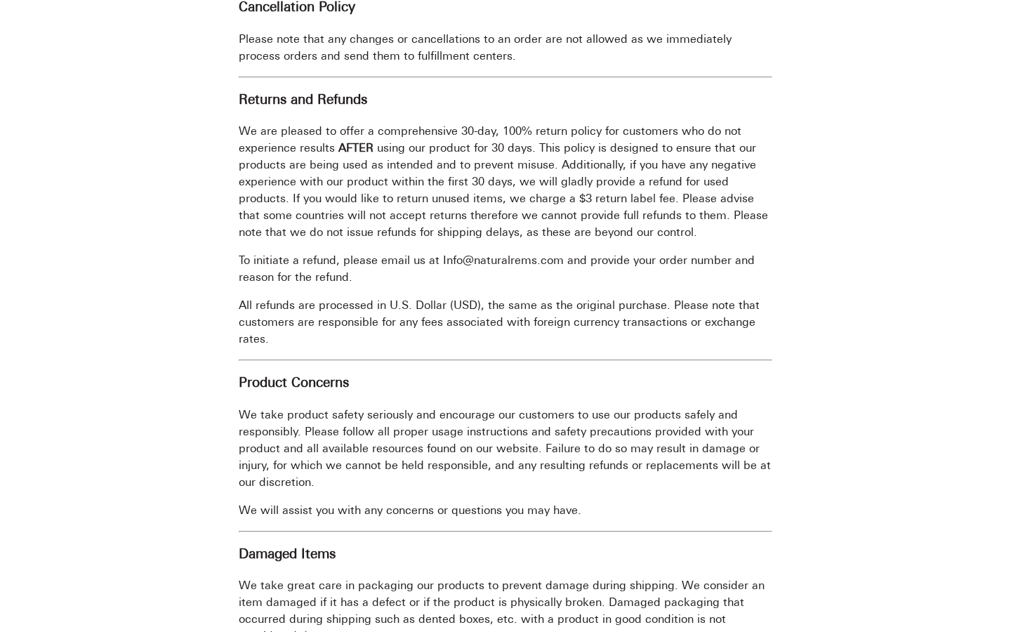 Natural Rems refund page describing 30-day results refunds and cancellation restrictions