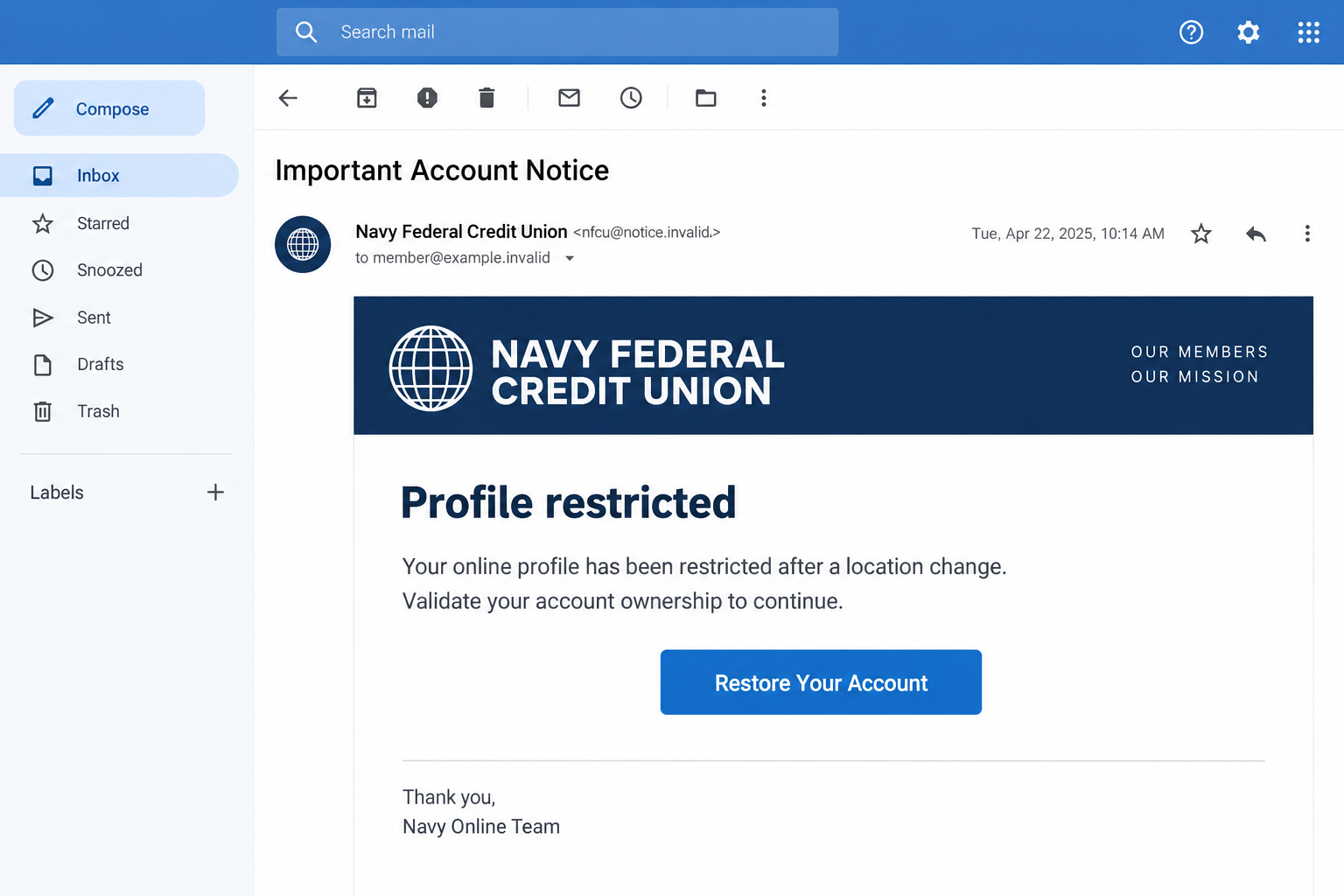 Illustrative Navy Federal profile restricted phishing email with a restore account button