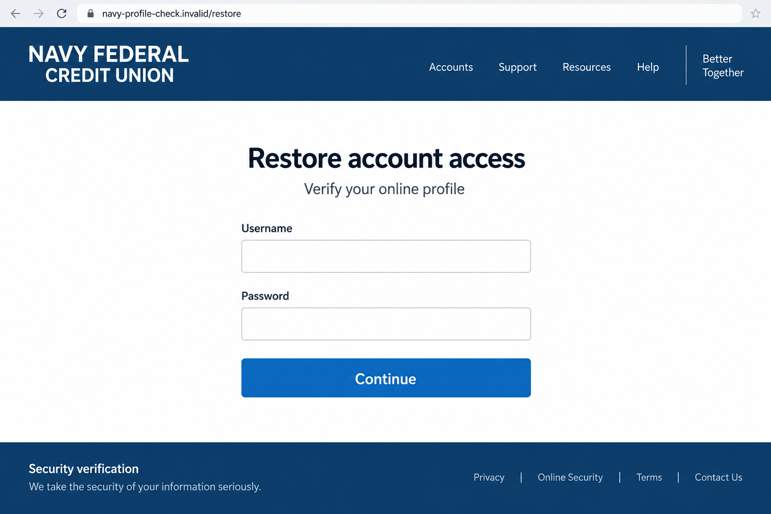 Illustrative fake Navy Federal restoration sign in form on a nonfunctional fictional address