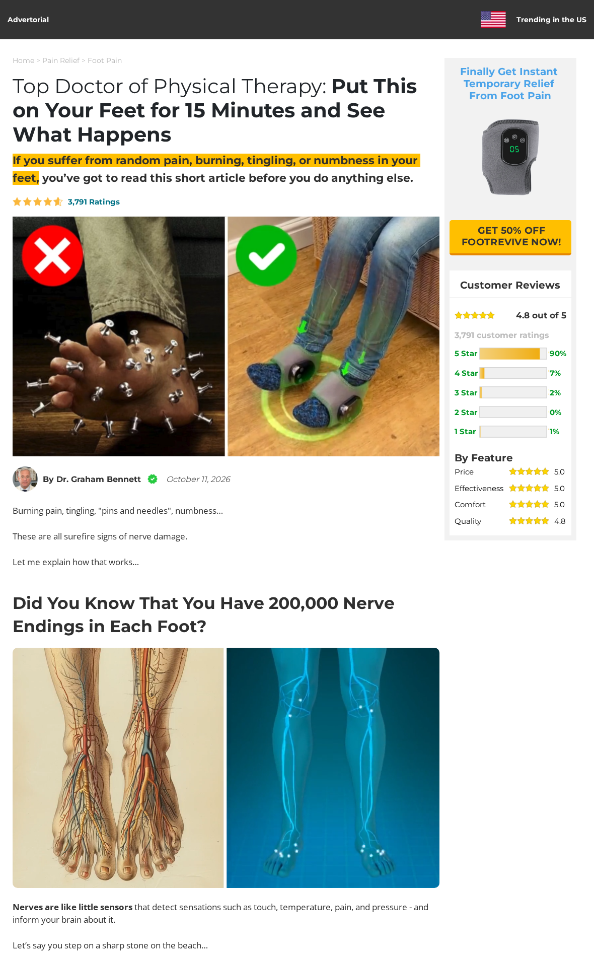Naxir FootRevive Review: Nerve Repair Claims, Doctor Pitch and Trial Risks 1 FootRevive advertorial using a doctor byline, nerve-pain imagery, ratings, and a 50% discount