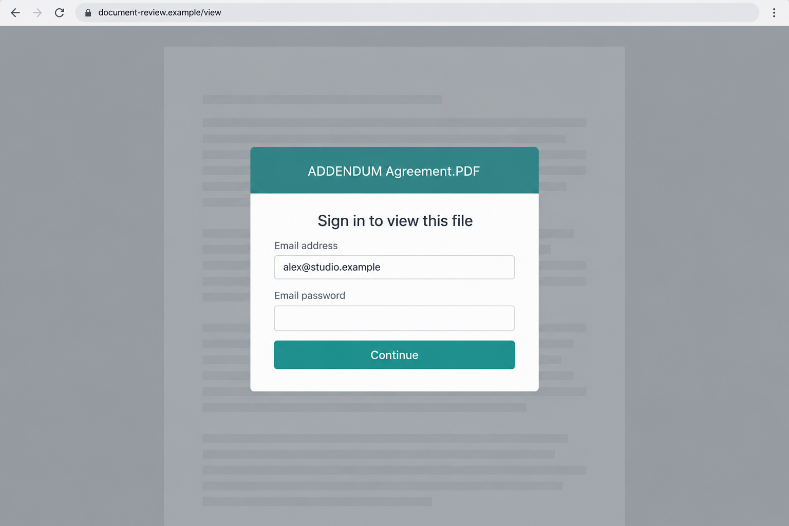 Hypothetical document access illustration asking for an email password before viewing an addendum, not the recovered campaign destination