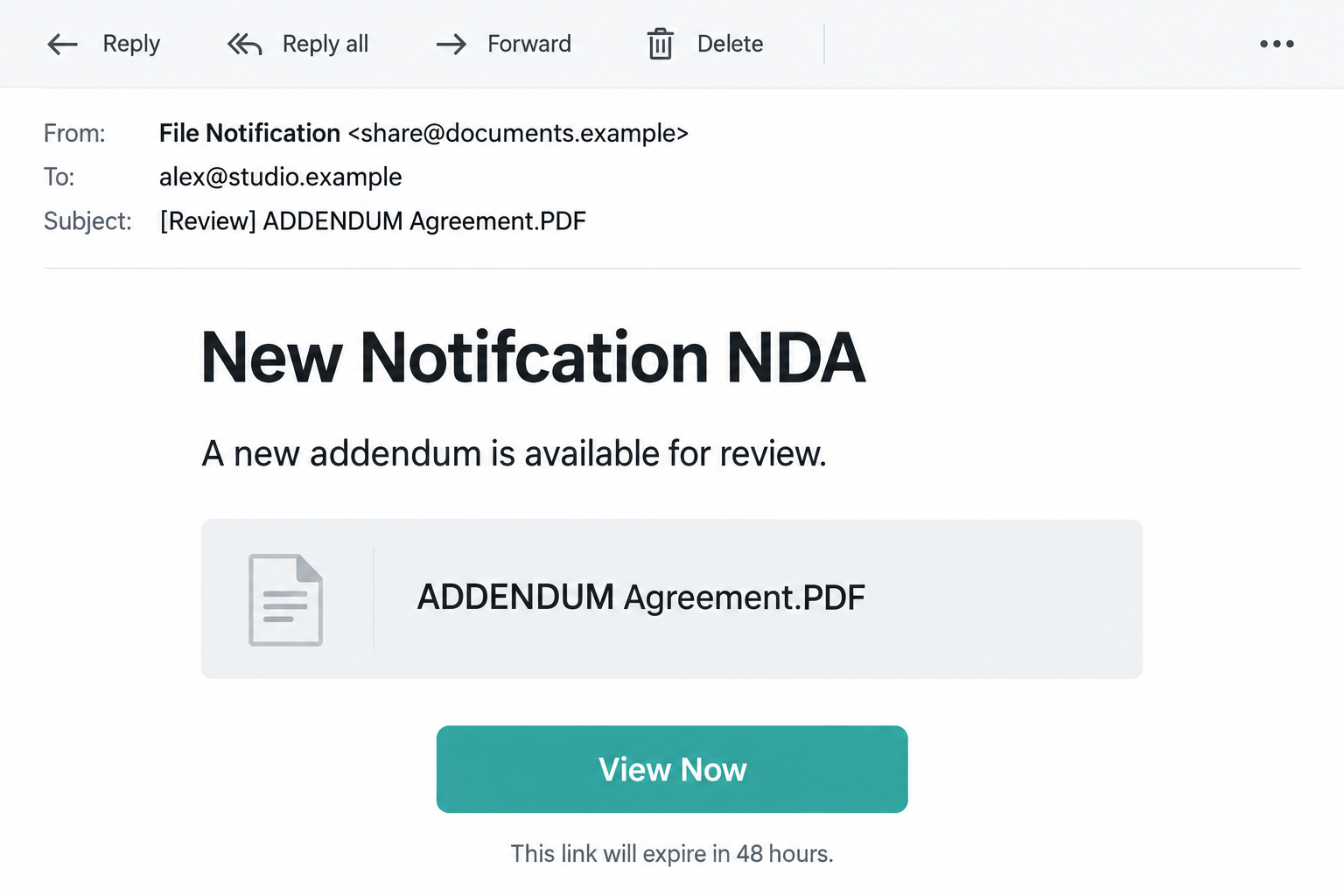 Illustrative NDA Document Addendum notification showing a PDF agreement card and a 48-hour viewing deadline