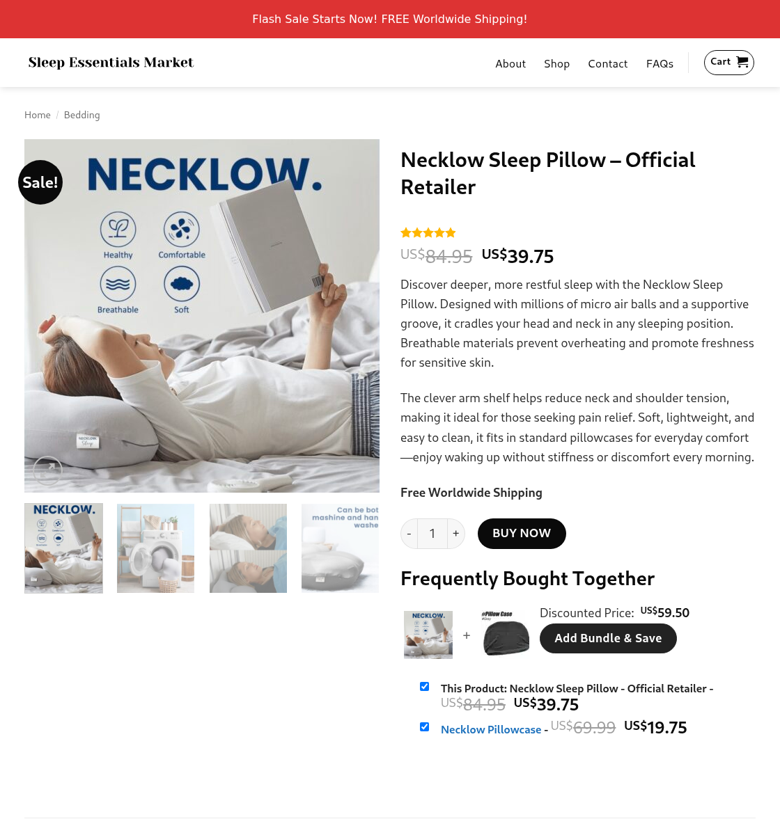 Necklow Sleep Pillow listing at Sleep Essentials Market showing sale price and optional pillowcase bundle