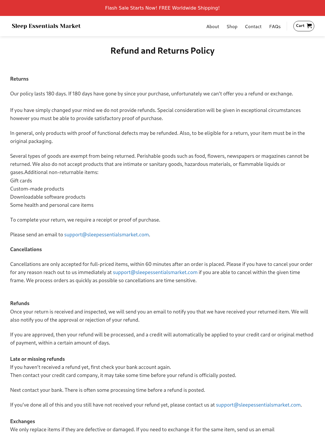Sleep Essentials Market policy showing 180-day deadline, defect requirement and cancellation restriction for full-priced items