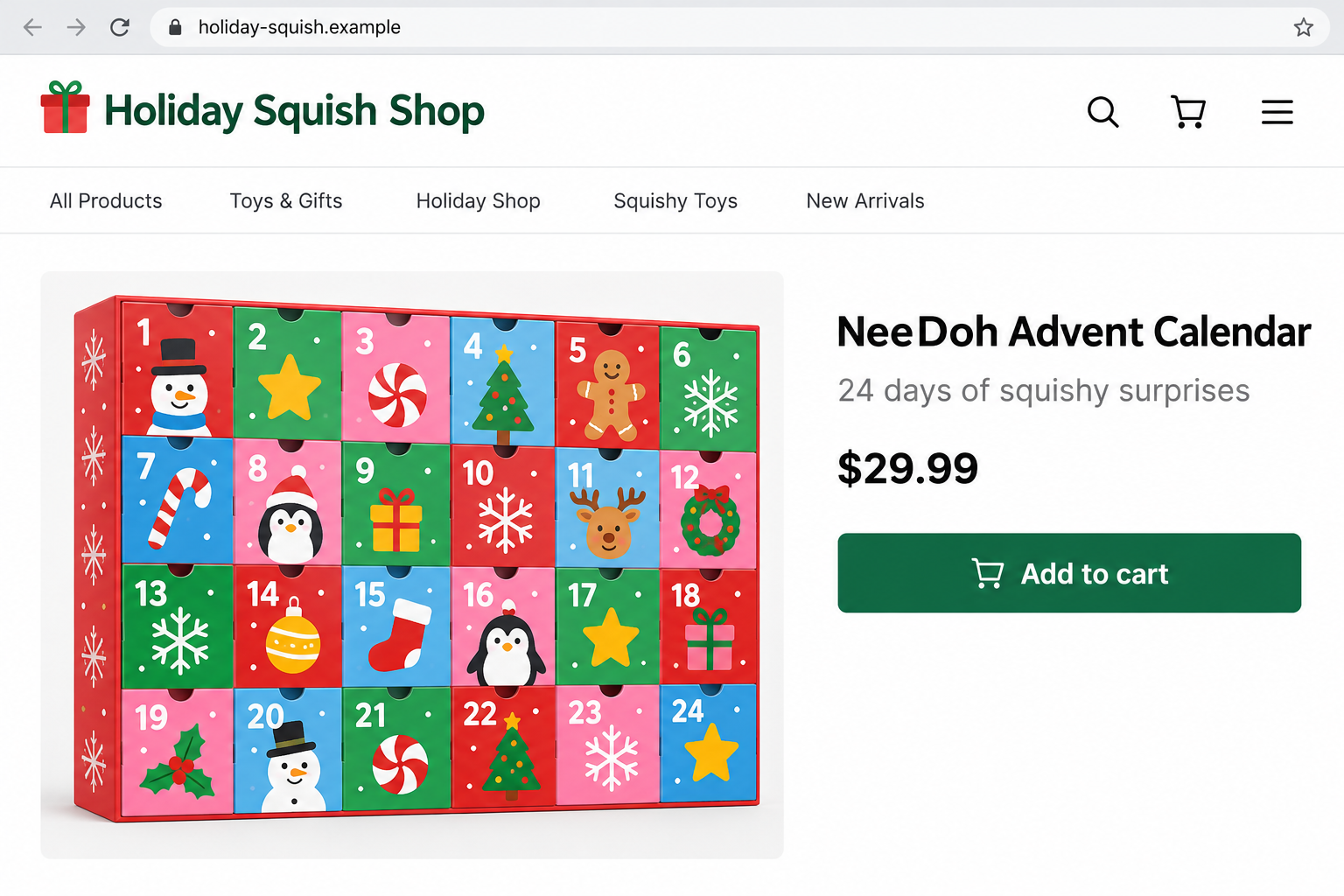 Illustrative unverified NeeDoh Advent Calendar listing on a fictional example domain, not a captured seller page or official product box