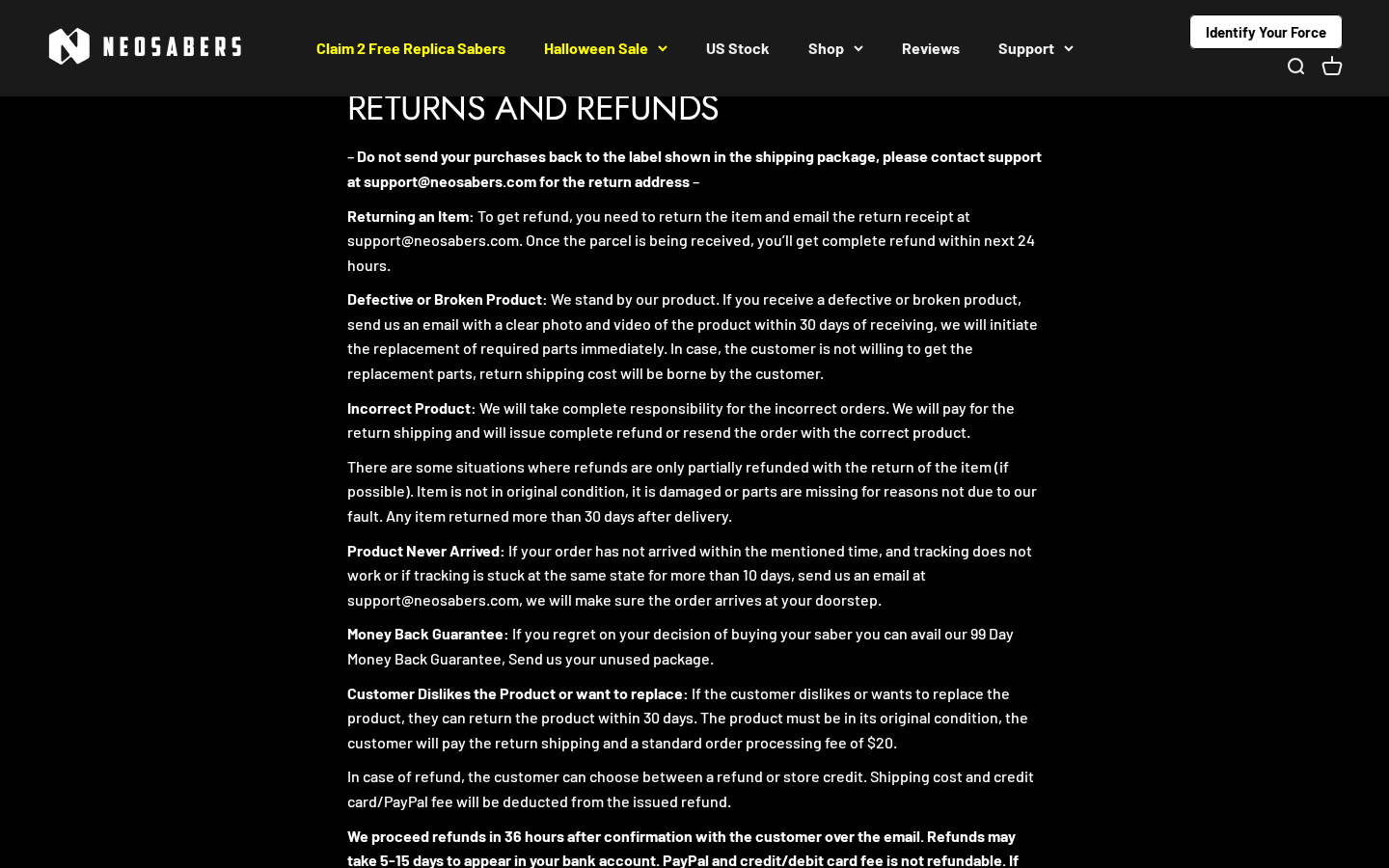 NEO Sabers return page displaying ninety-nine-day and thirty-day conditions with possible refund deductions