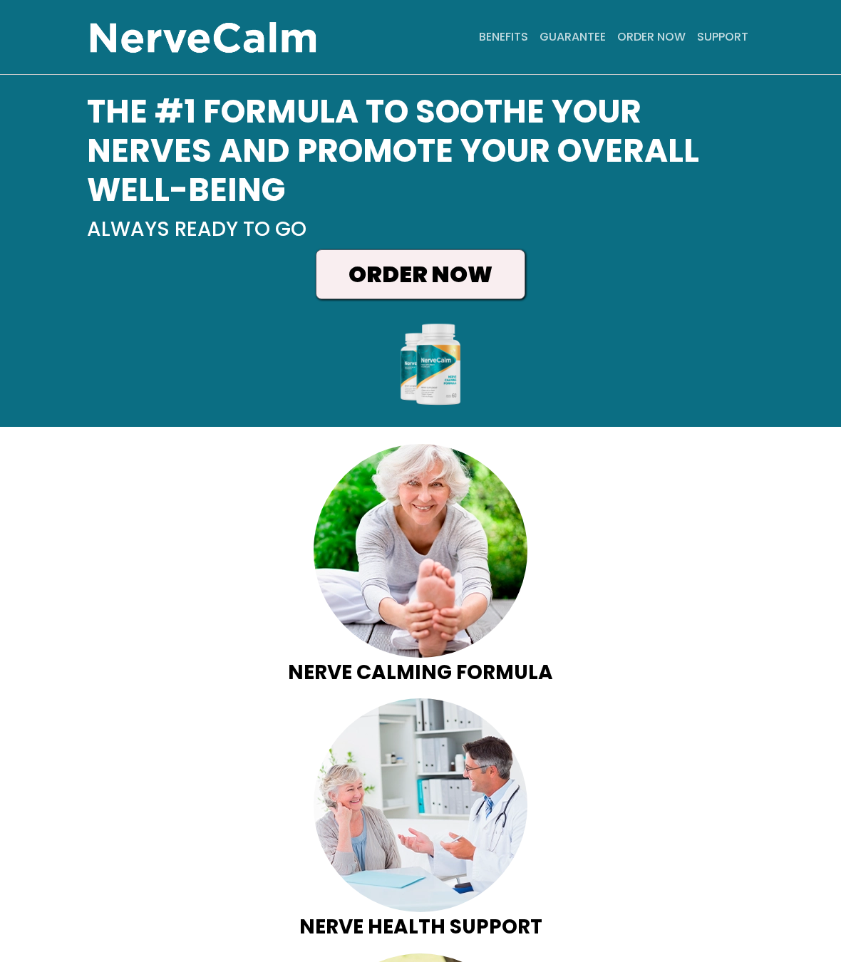 NerveCalm landing page displaying capsule branding and nerve-support promises