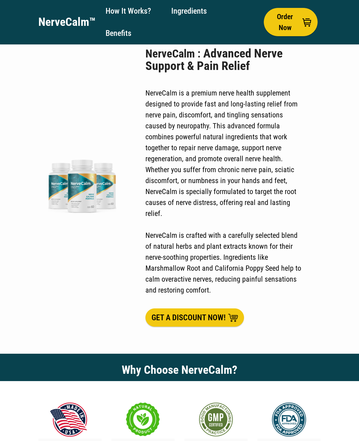 NerveCalm promotional page using FDA approval language and manufacturing badges