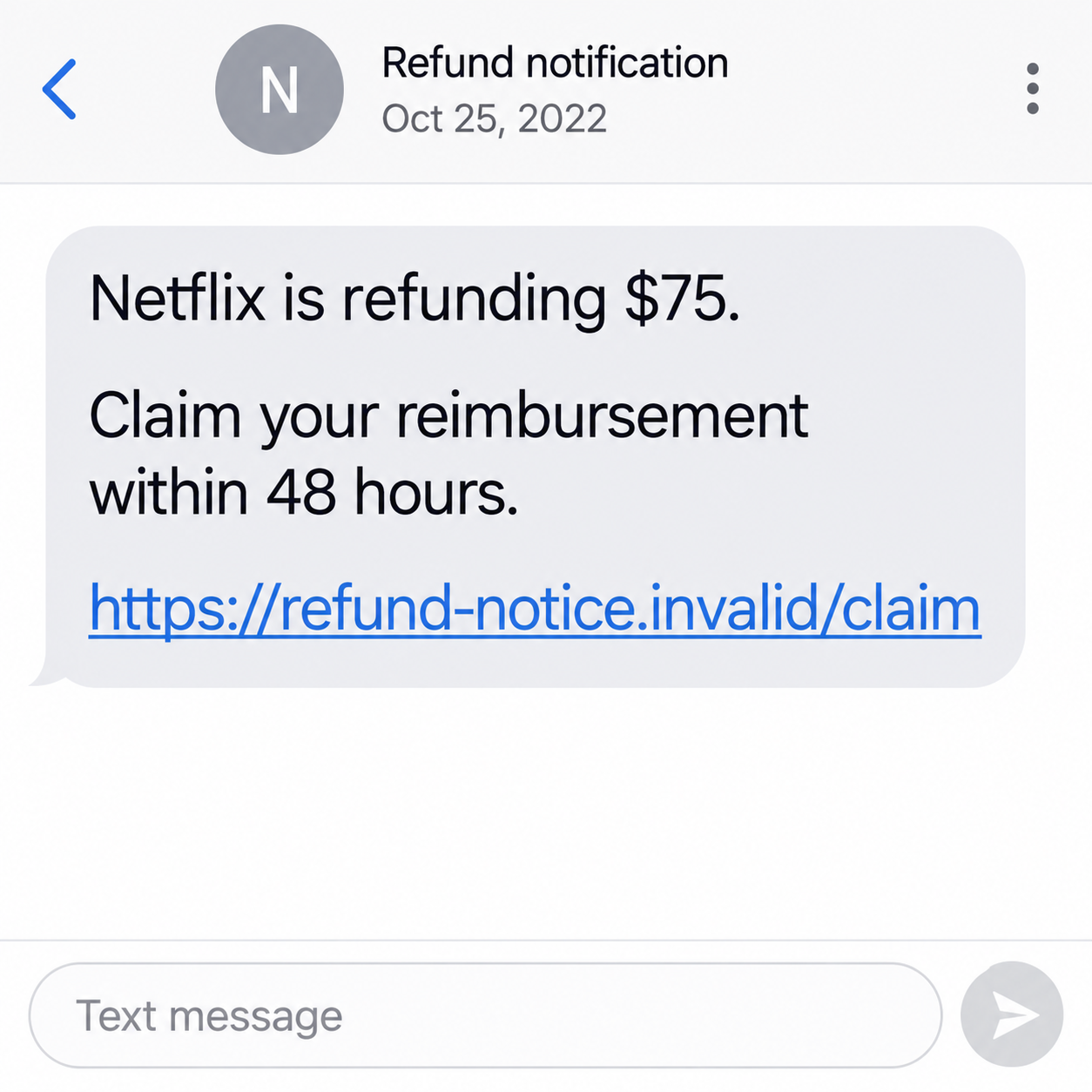 Illustrative fictional historical text claiming a Netflix refund of $75 and linking to a sample reimbursement page