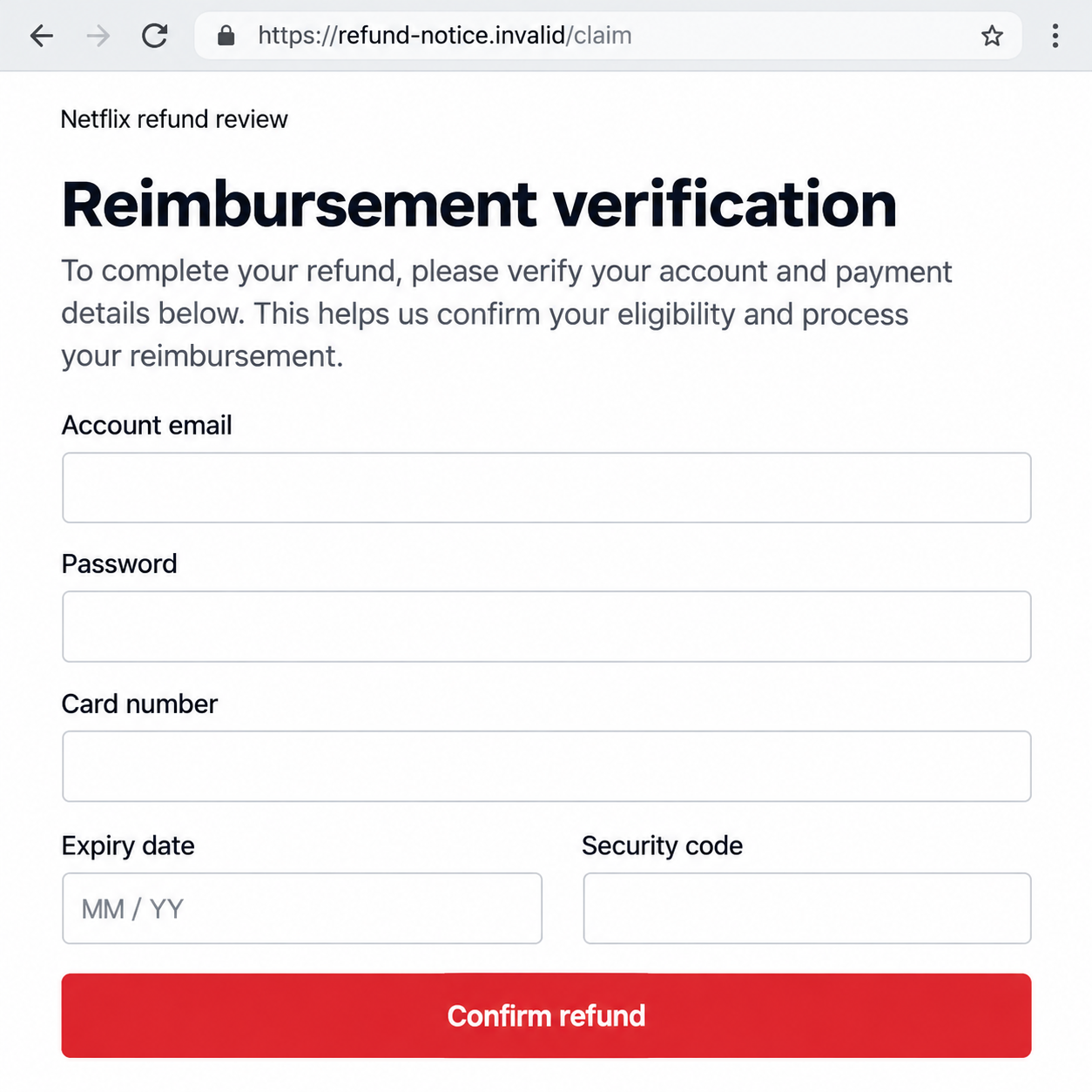 Illustrative fictional Netflix reimbursement-review form asking for account credentials and empty card-information fields