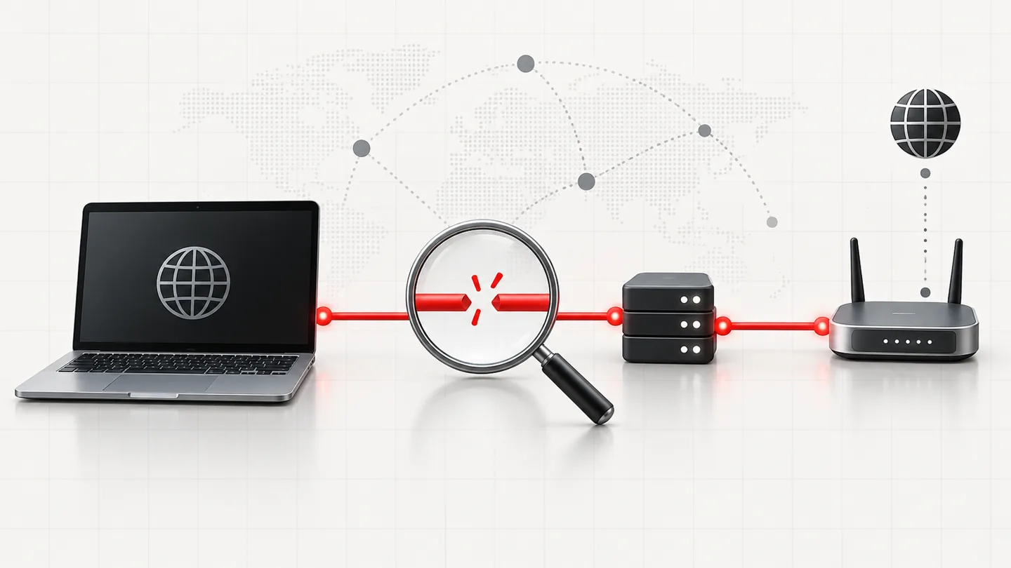 No Internet After Malware Removal? Fix Proxy, DNS and Connection Problems 1 Illustration of a computer, network connection, and router with a single broken link highlighted in red
