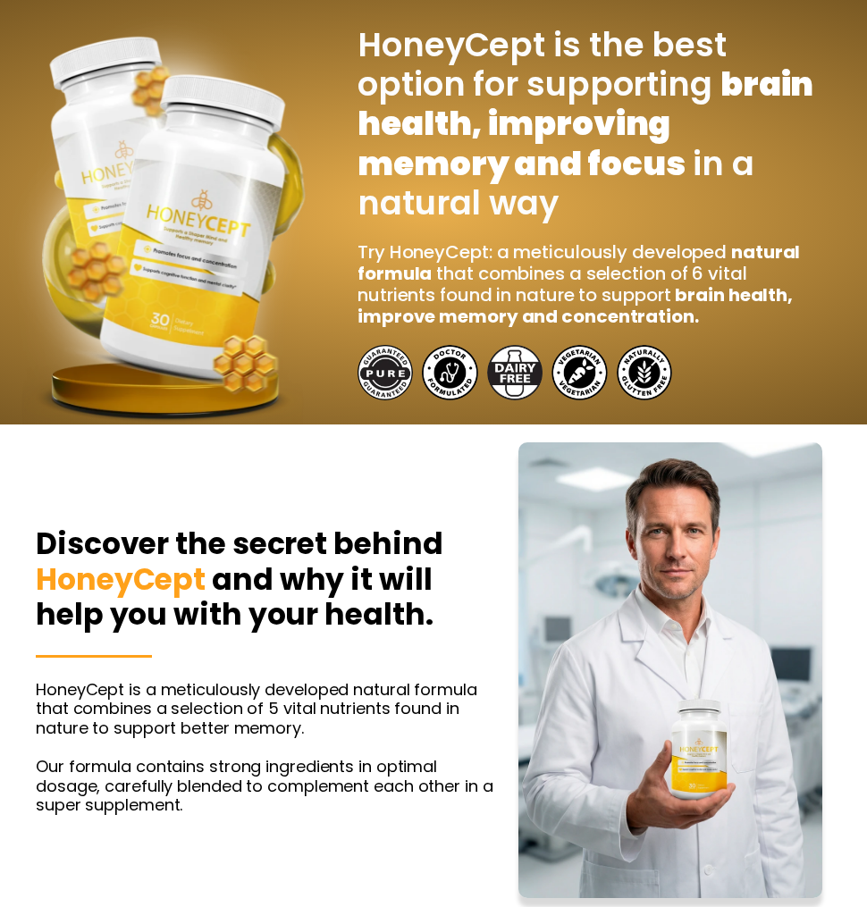 HoneyCept page showing yellow-label bottles, a doctor-style promotional image and conflicting six versus five nutrient descriptions