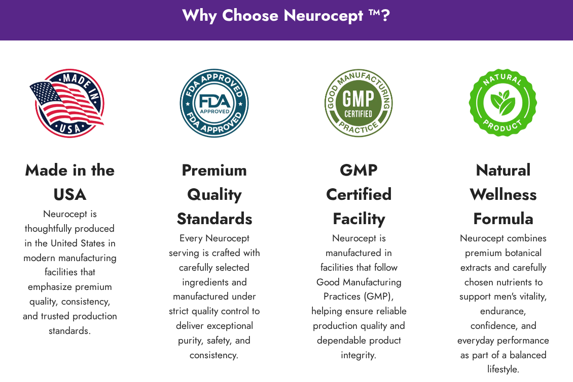 Neurocept page displaying an FDA Approved seal beside manufacturing and natural product badges