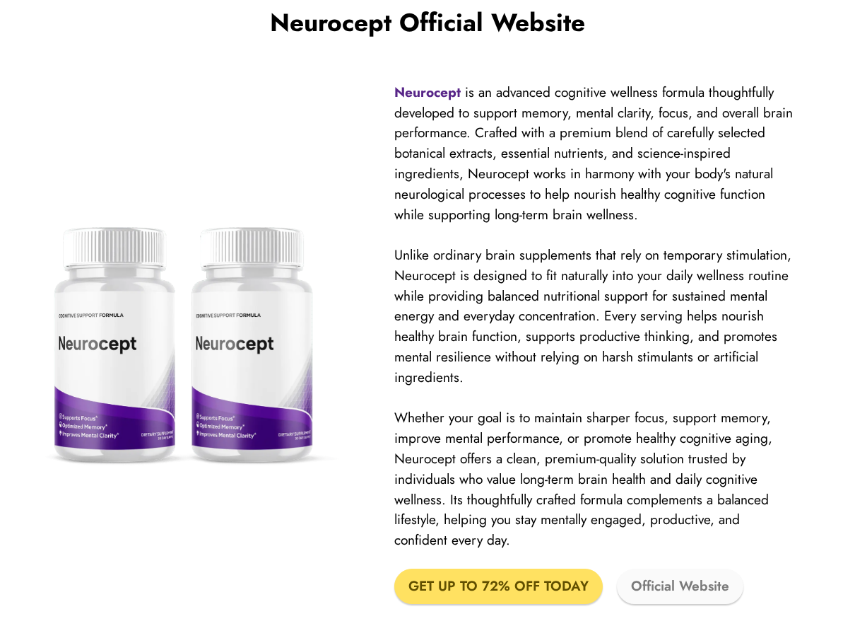 Neurocept promotional page showing two purple-label bottles and an Official Website heading