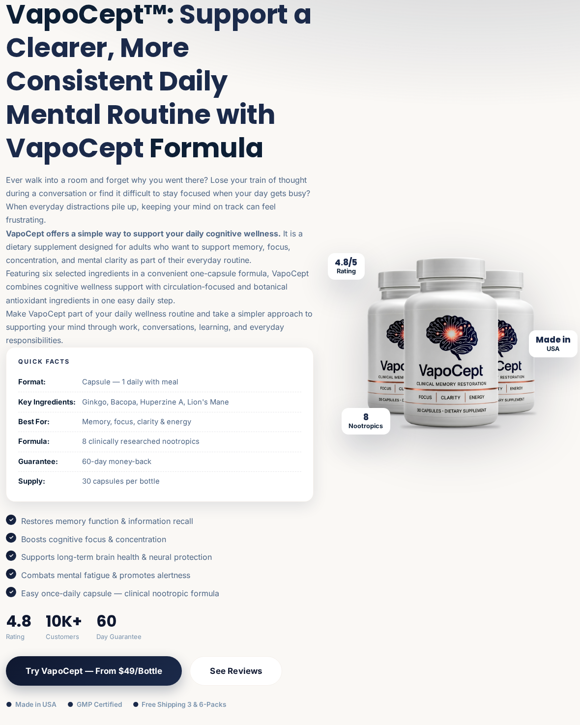 VapoCept page showing memory supplement bottles, six ingredients in the introduction and eight nootropics in its facts panel