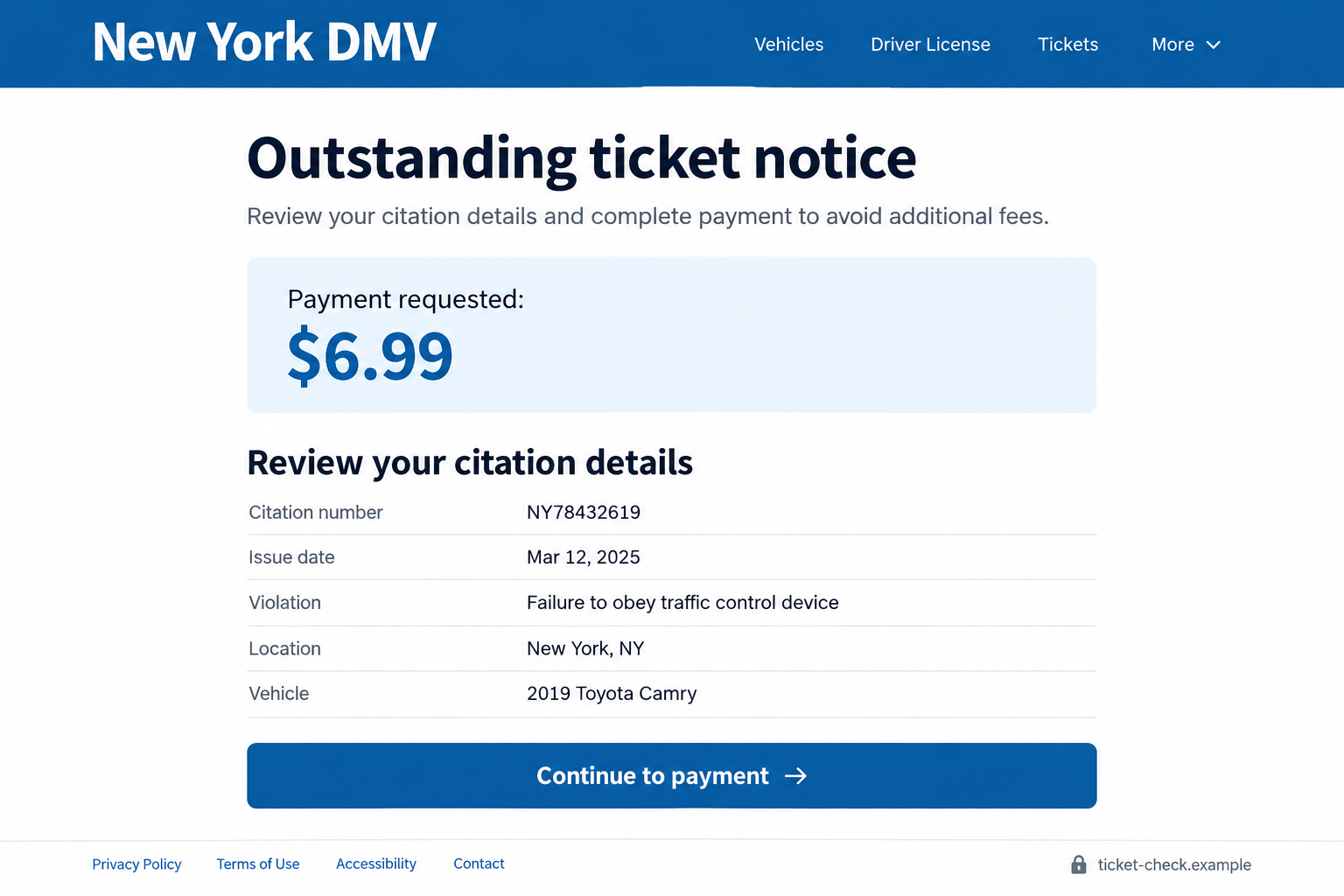 New York DMV Text Scam: Fake Ticket Threats and How to Check the Real Case 1 Fictional New York DMV-style ticket payment page with invented citation details and an example-domain address